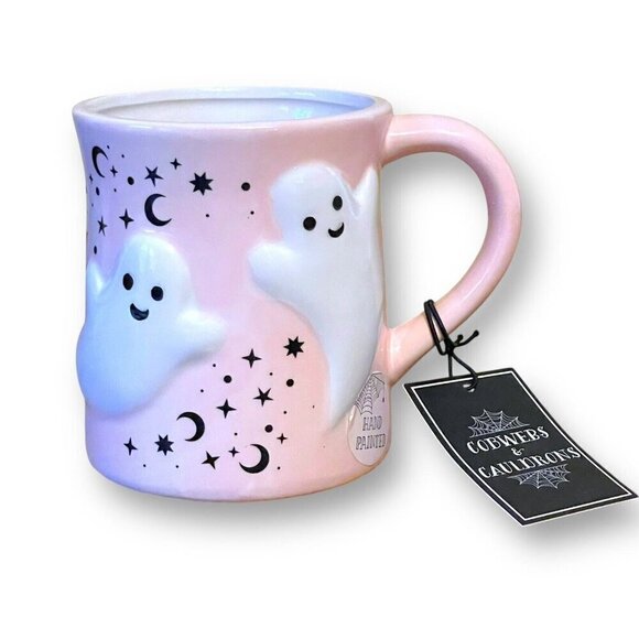Cobwebs & Cauldrons Ghost Friends Coffee Mug Pink White Halloween Hand Painted - Picture 2 of 8